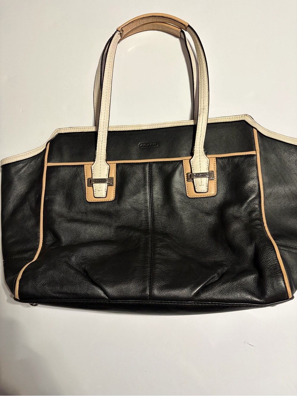 Coach Black Leather Tote with Cream Handles and Tan Piping